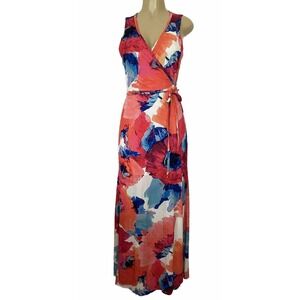 Trina Turk Maxi Floral Wrap Dress Sleeveless V Neck Red Blue Full Length…